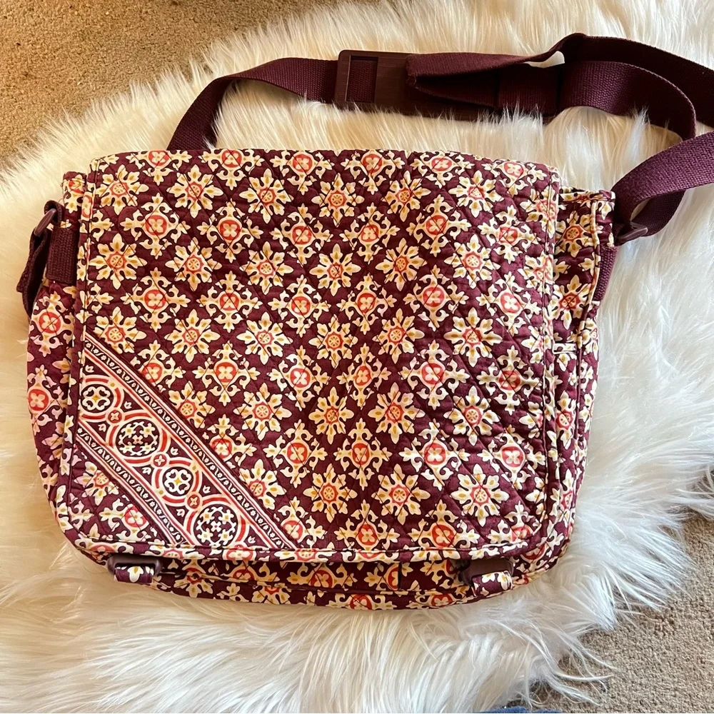 Vera Bradley Burgundy and Cream Patterned Crossbody Laptop Bag